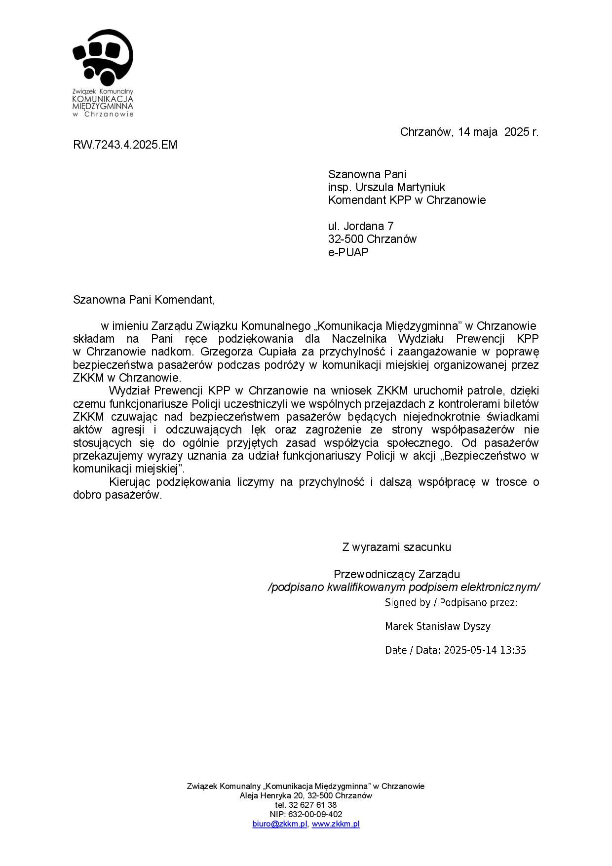 Podziękowania dla Pani Komendant KPP w Chrzanowie